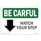 Signmission OSHA CAREFUL Watch Your Step Down Arrow W/ Symbol 14in X 10in Rigid Plastic, 10" W, 14" L, Landscape OS-BC-P-1014-L-10081 - alternate 1
